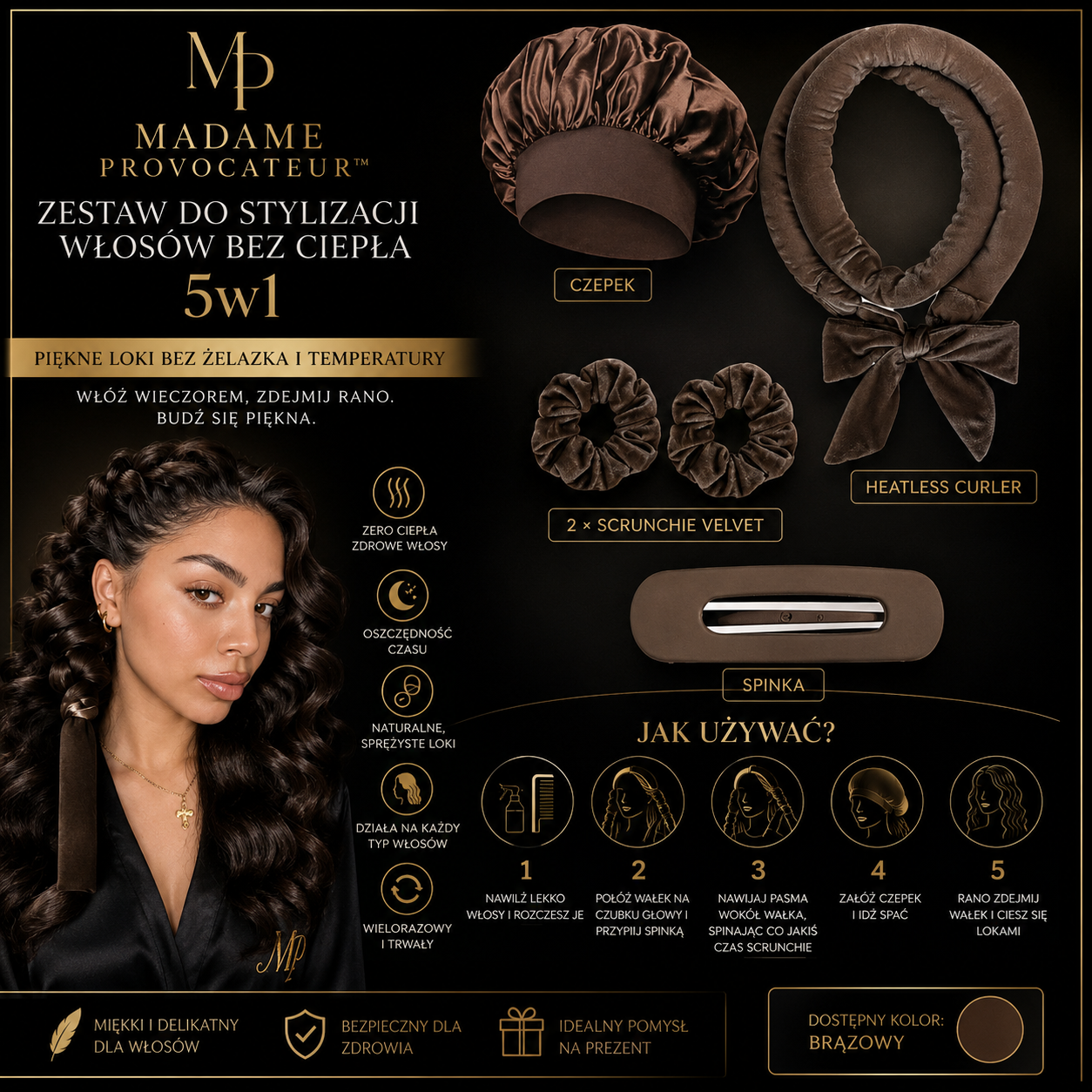 Zestaw do Stylizacji Włosów bez Ciepła 5w1 - Czepek, Heatless Curler, Scrunchie Velvet + Spinka Madame Provocateur™