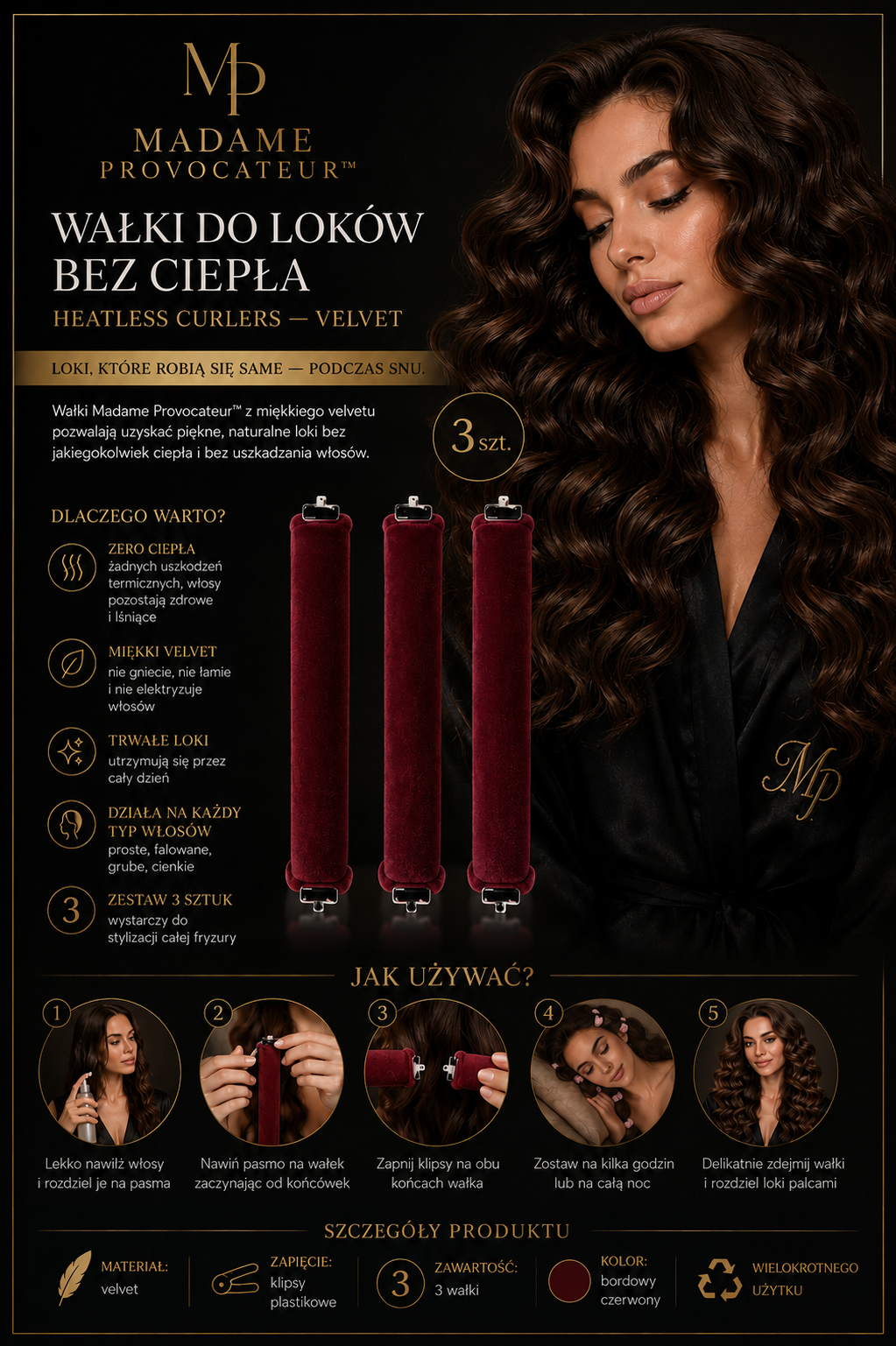 Wałki do Loków bez Ciepła Heatless Curlers — Velvet 3 szt. Madame Provocateur™