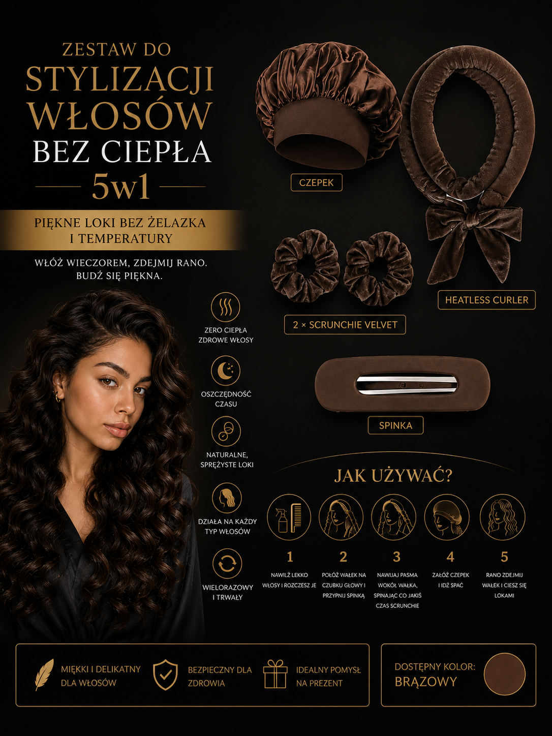 Zestaw do Stylizacji Włosów bez Ciepła 5w1 - Czepek, Heatless Curler, Scrunchie Velvet + Spinka Madame Provocateur™