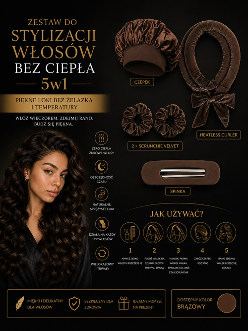 Zestaw do Stylizacji Włosów bez Ciepła 5w1 - Czepek, Heatless Curler, Scrunchie Velvet + Spinka Madame Provocateur™