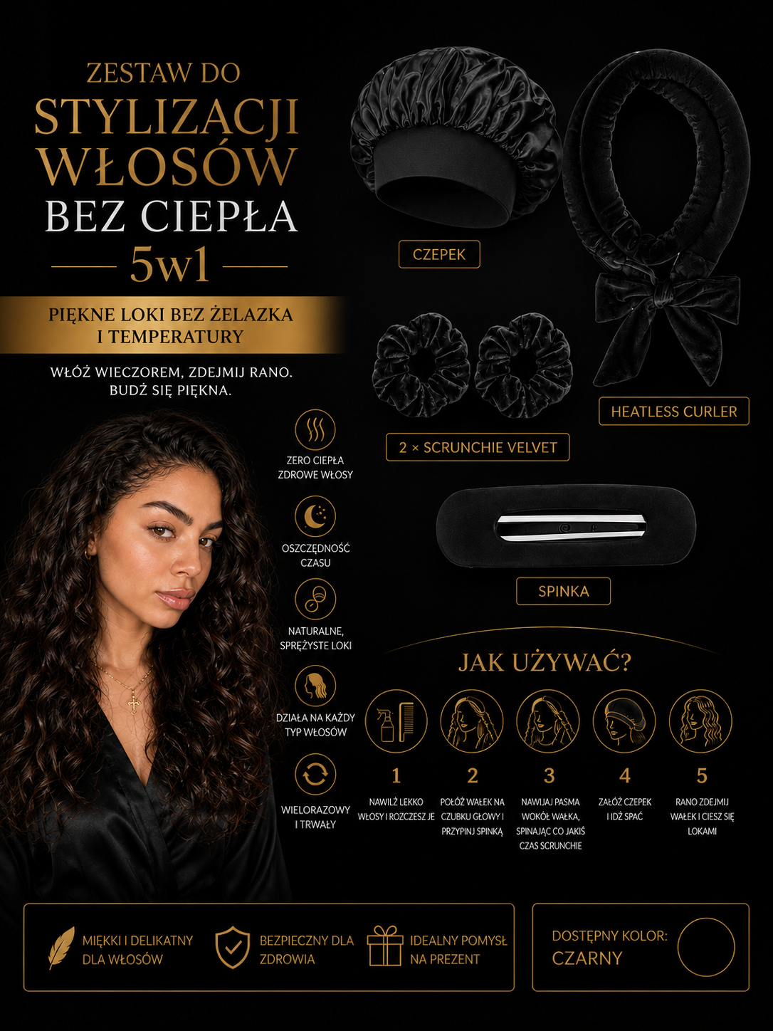 Zestaw do Stylizacji Włosów bez Ciepła 5w1 - Czepek, Heatless Curler, Scrunchie Velvet + Spinka Madame Provocateur™