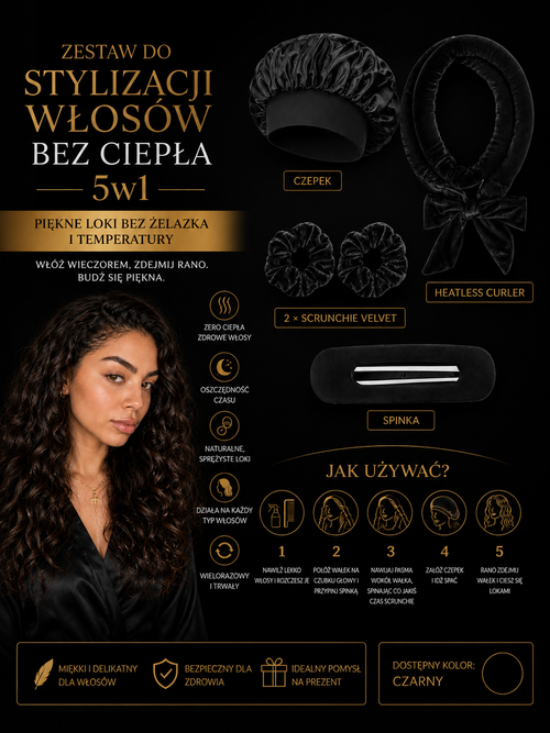 Zestaw do Stylizacji Włosów bez Ciepła 5w1 - Czepek, Heatless Curler, Scrunchie Velvet + Spinka Madame Provocateur™