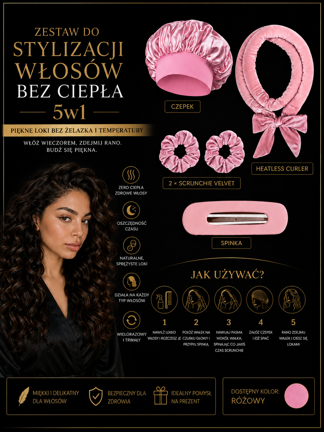 Zestaw do Stylizacji Włosów bez Ciepła 5w1 - Czepek, Heatless Curler, Scrunchie Velvet + Spinka Madame Provocateur™