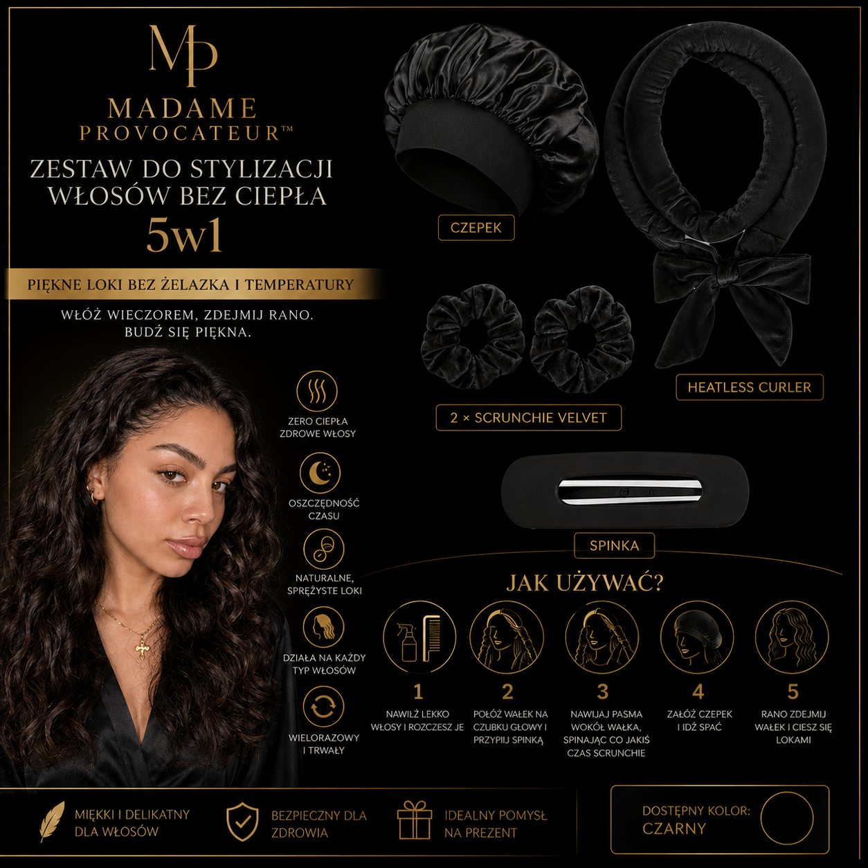 Zestaw do Stylizacji Włosów bez Ciepła 5w1 - Czepek, Heatless Curler, Scrunchie Velvet + Spinka Madame Provocateur™