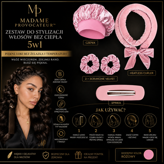 Zestaw do Stylizacji Włosów bez Ciepła 5w1 - Czepek, Heatless Curler, Scrunchie Velvet + Spinka Madame Provocateur™